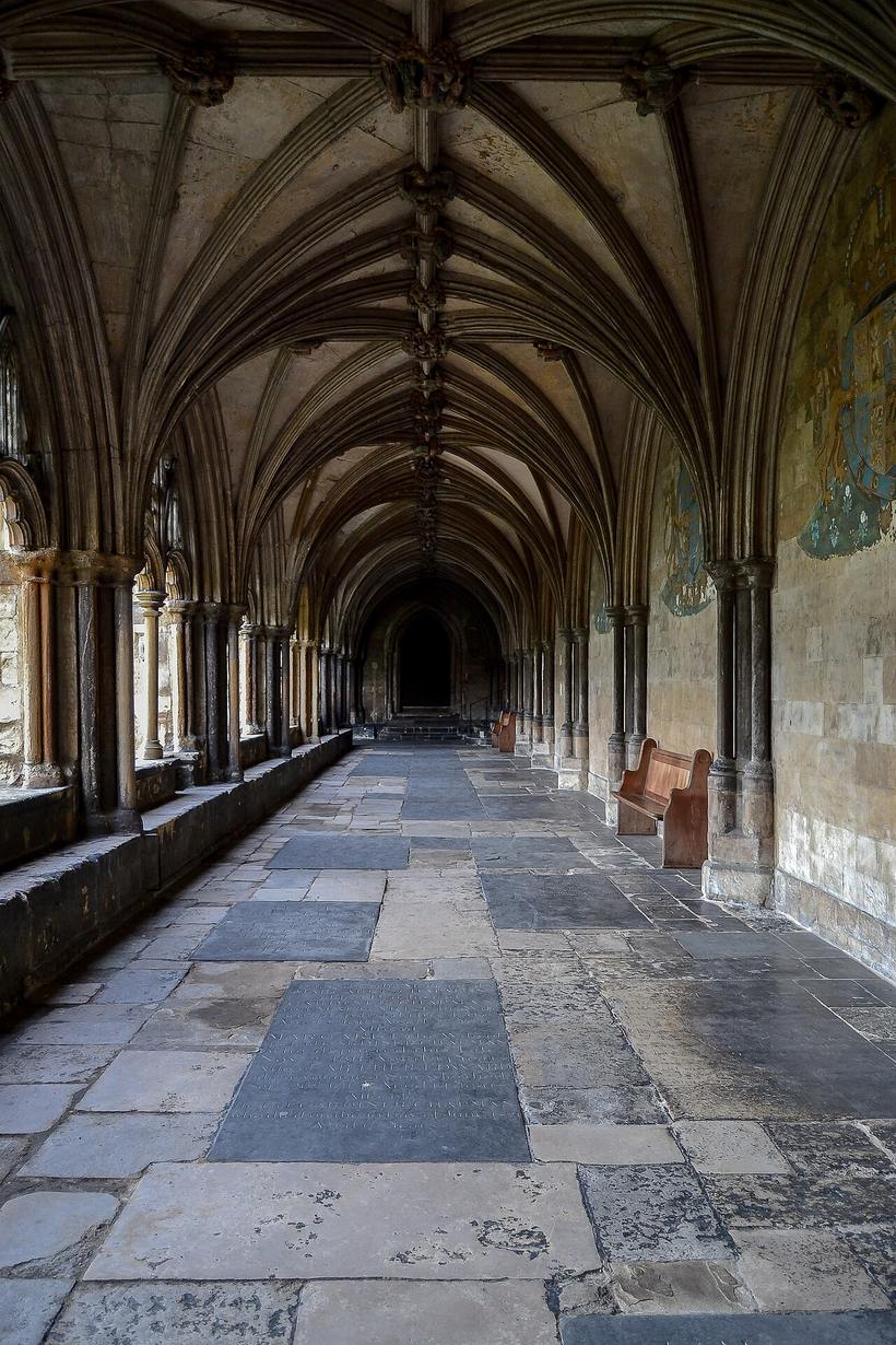 A long vaulted walk in the medieval cloister of Norwich Cathedral