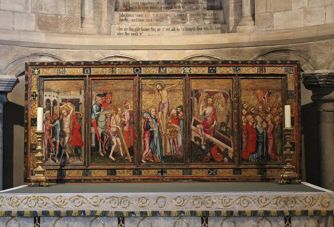 The painted Despenser Retable showing scenes of the Passion at Norwich Cathedral