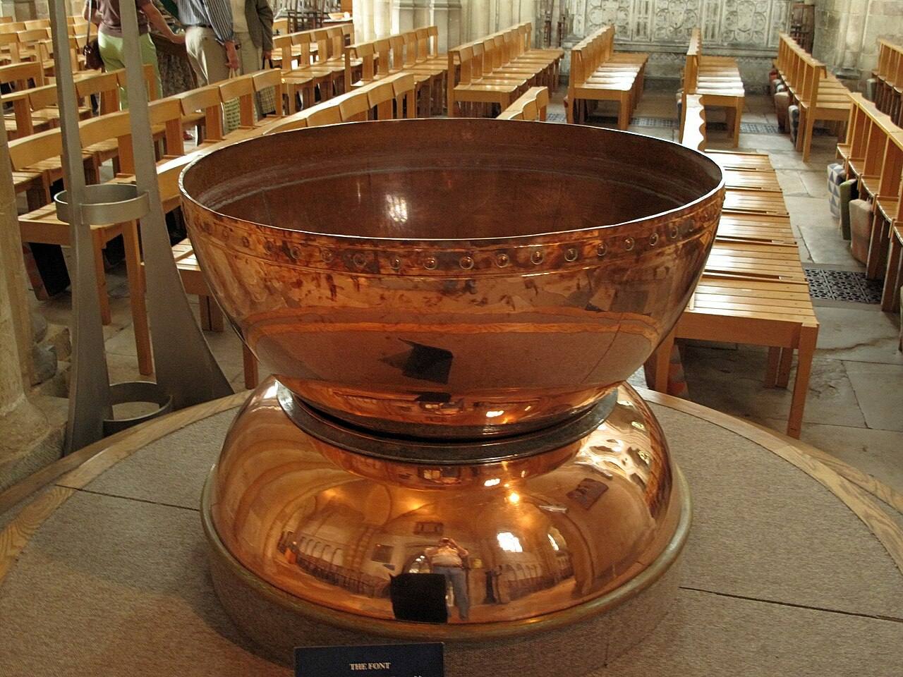 The copper font at Norwich Cathedral, made from a chocolate factory mixing bowl