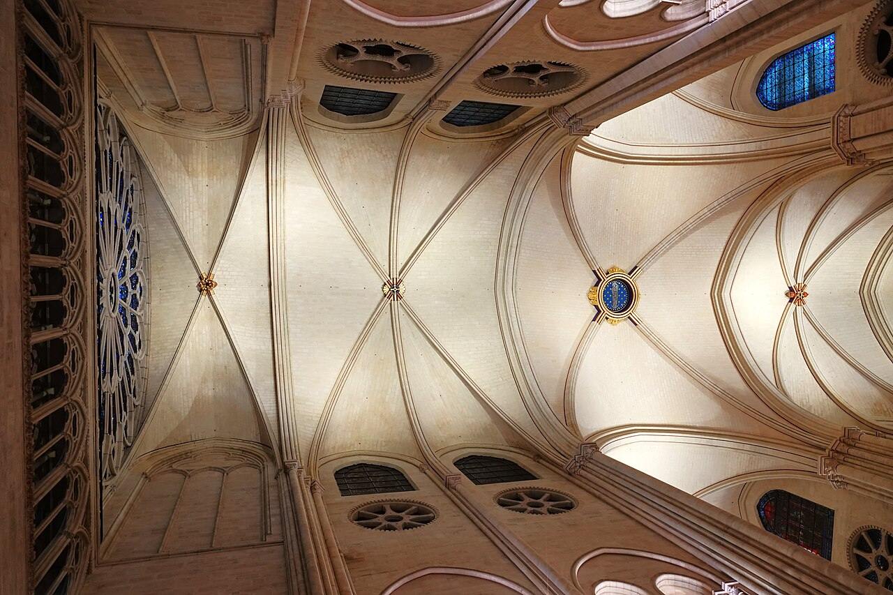 Looking up into the restored rib vaults of Notre-Dame de Paris