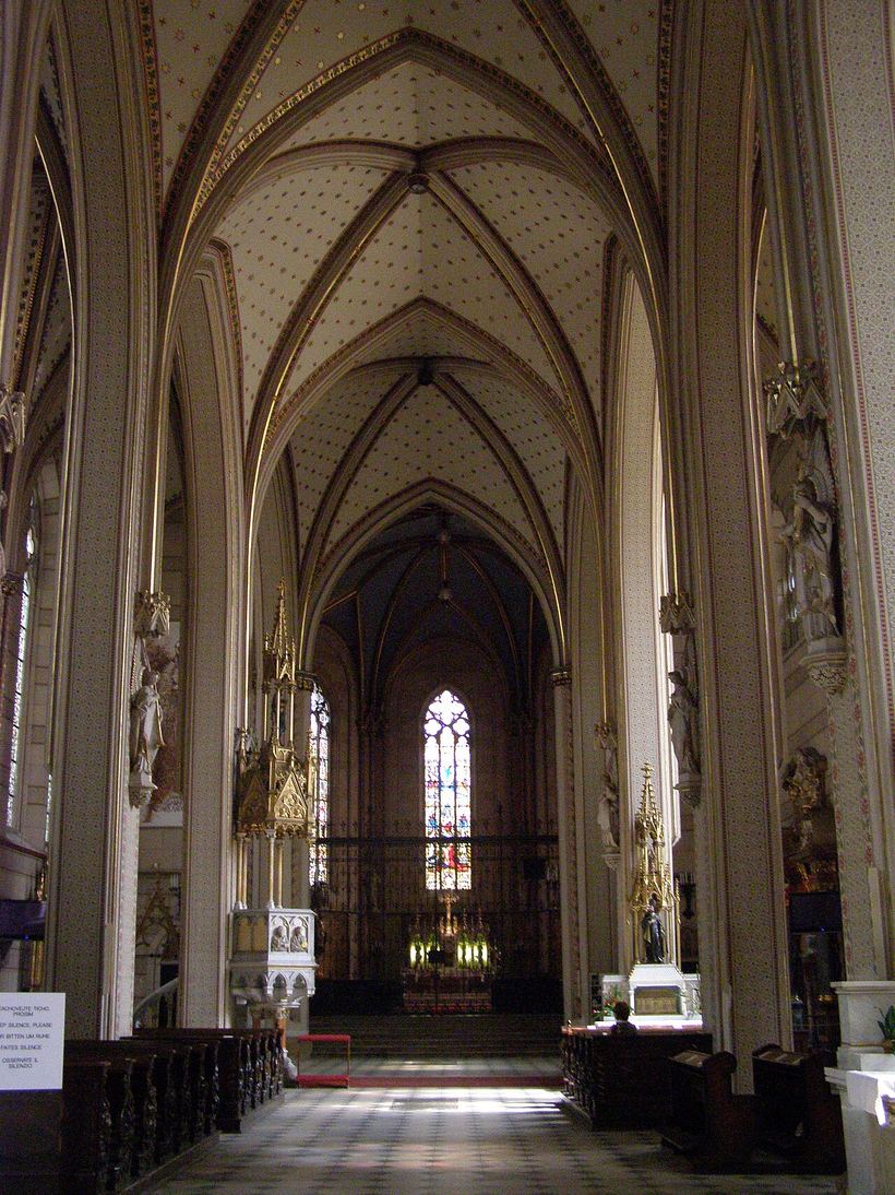 The vaulted Gothic hall nave of Olomouc cathedral looking east to the altar