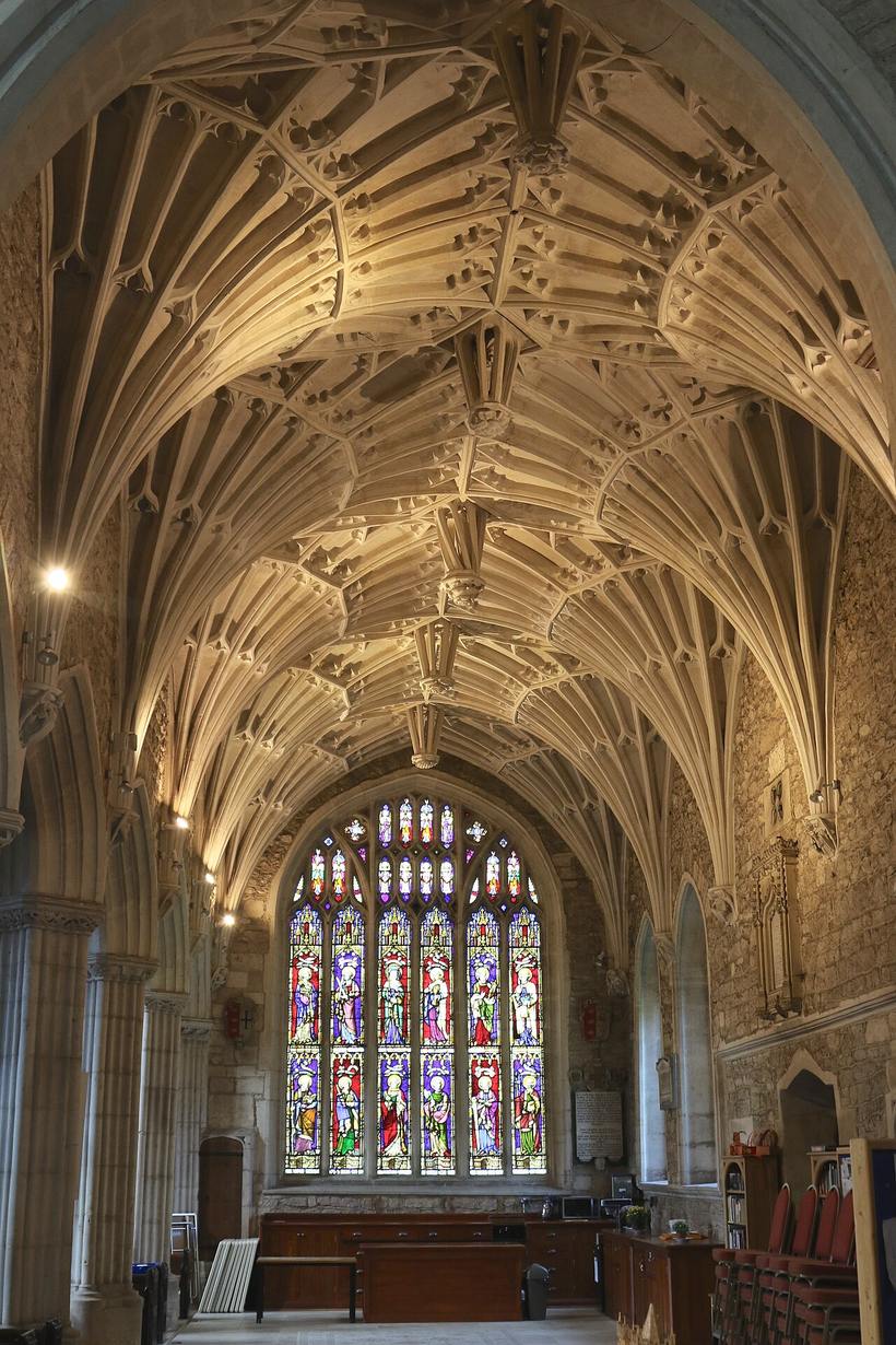 The fan-vaulted ceiling of the Dorset Aisle at Ottery St Mary, with carved pendants