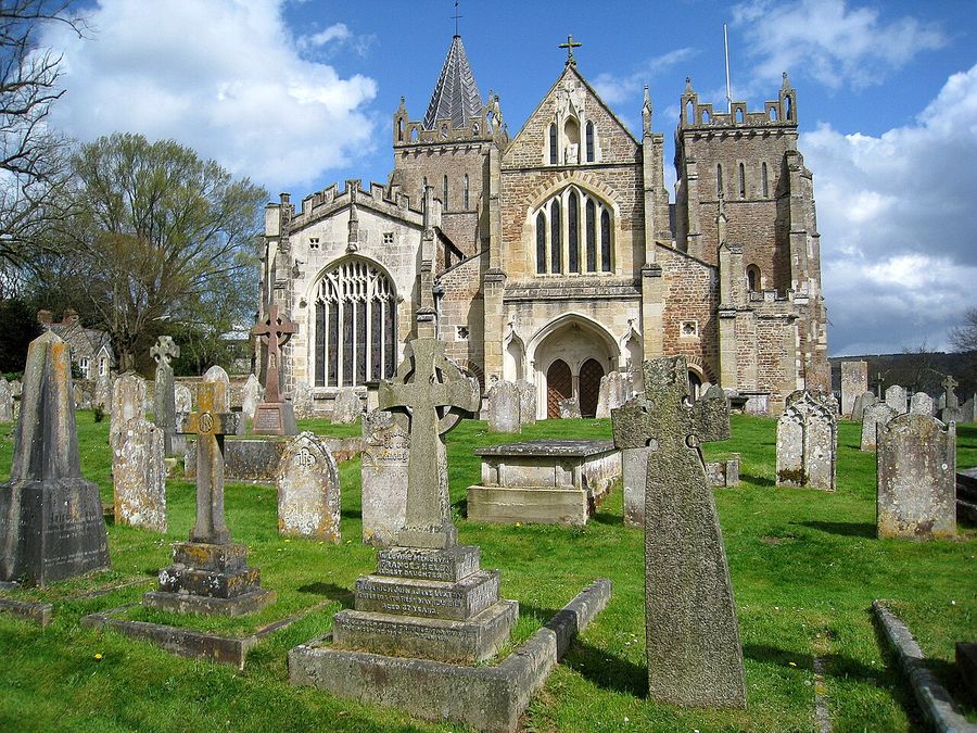 St Mary's Church at Ottery St Mary, Devon, seen from the west, with its two transept towers rising above the roof