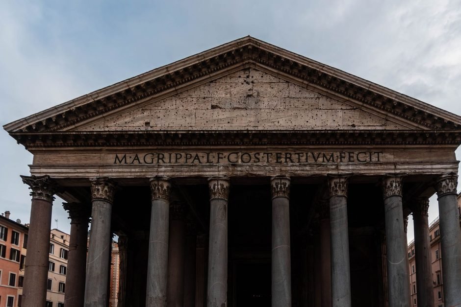 The portico and facade of the Pantheon in Rome, with its original granite columns