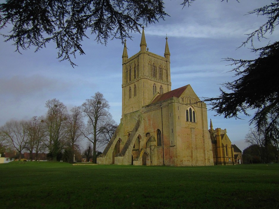Pershore Abbey's tower across the park