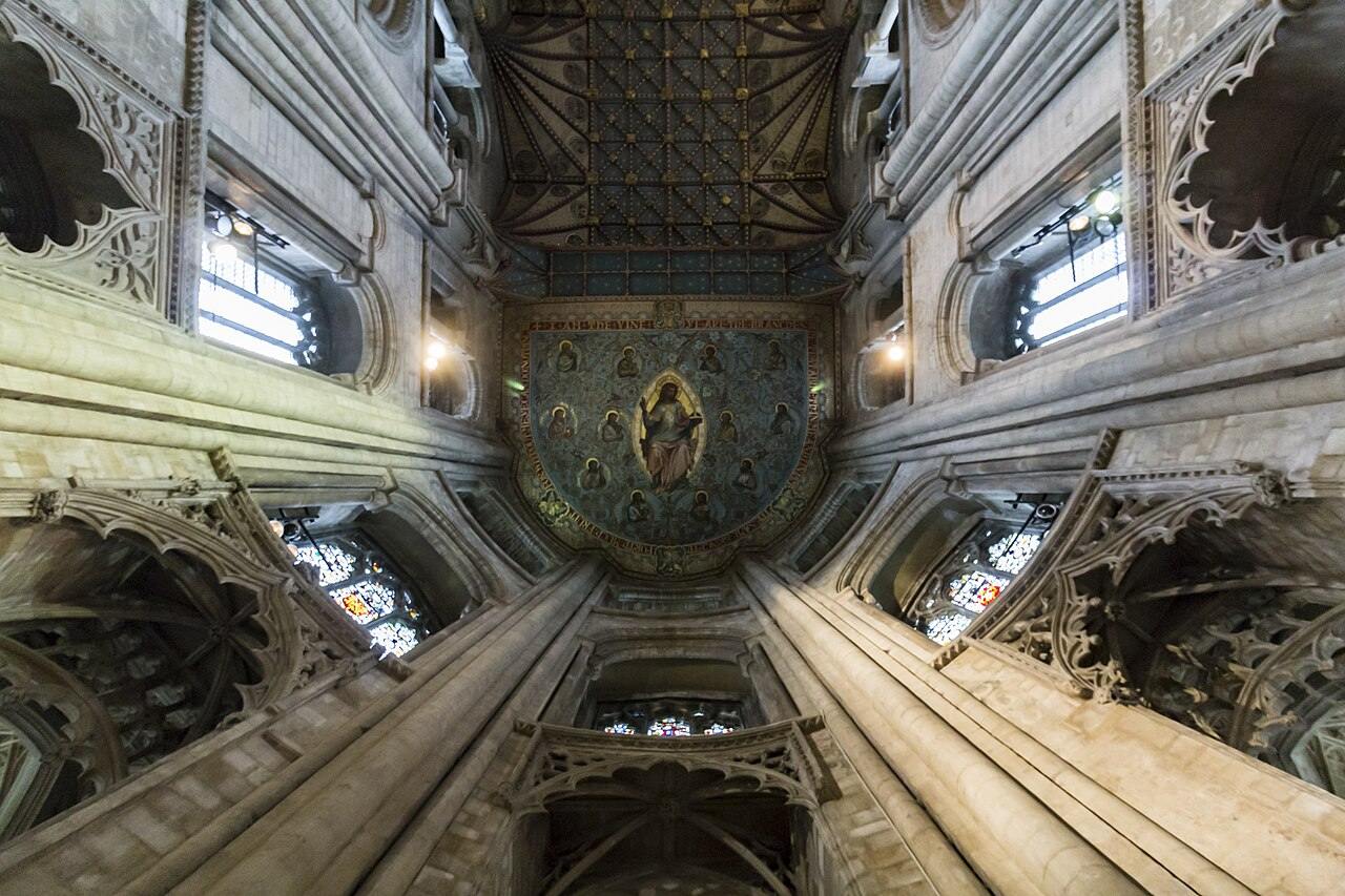Looking up into the central tower and crossing ceiling of Peterborough Cathedral