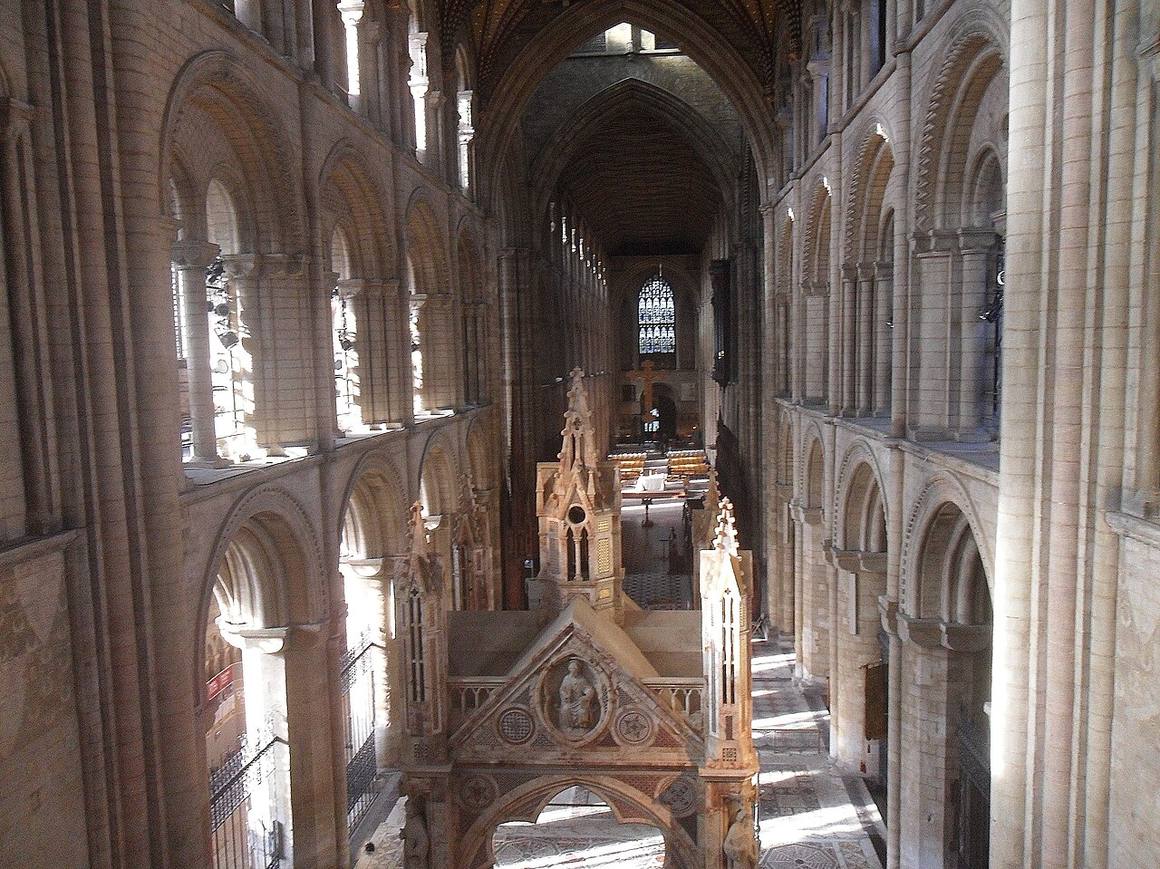 The Norman arcades of Peterborough Cathedral seen from the gallery level