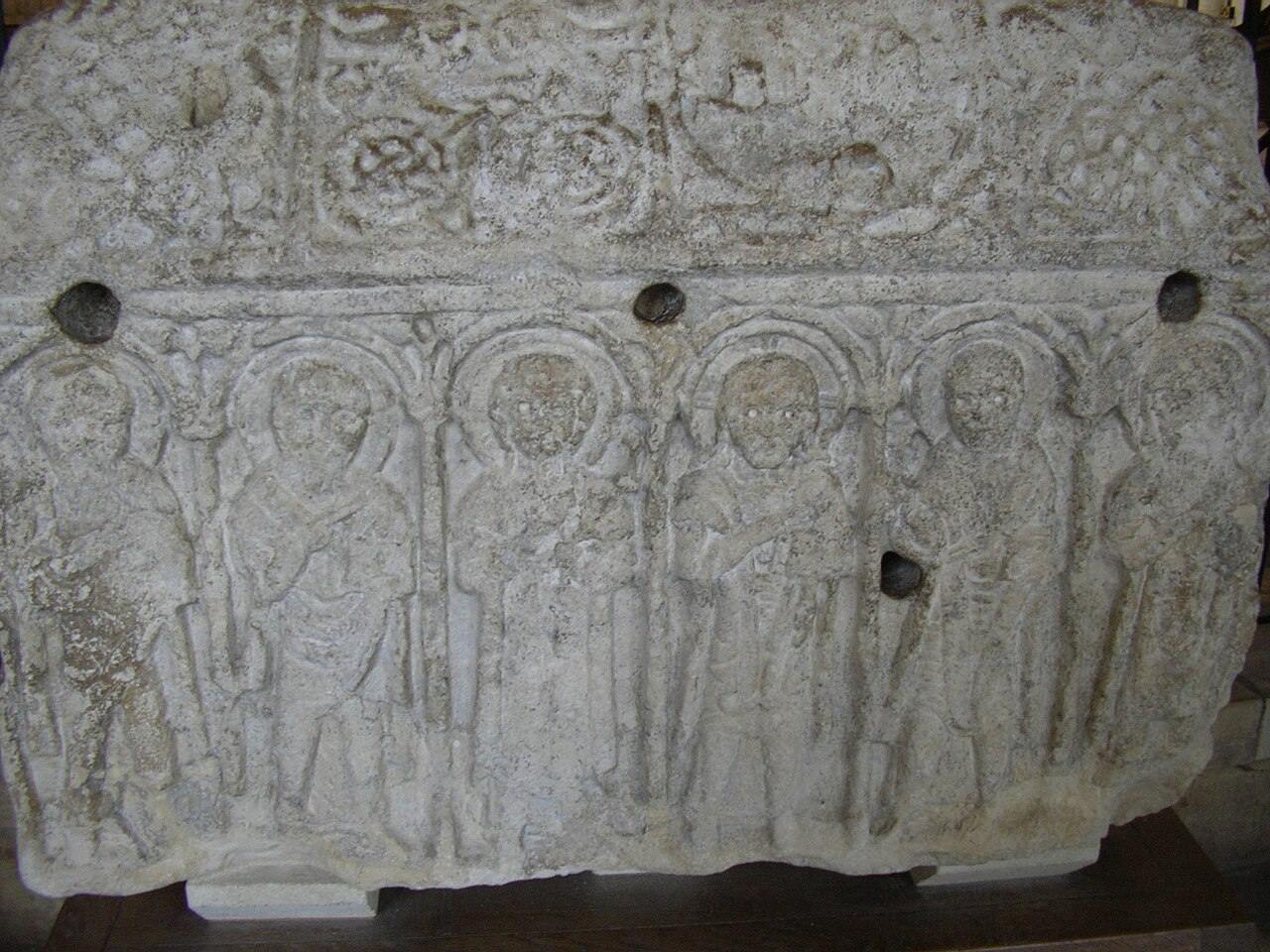 The Anglo-Saxon Hedda Stone carved with figures of saints at Peterborough Cathedral