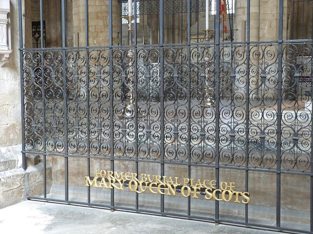 The former burial place of Mary, Queen of Scots, marked behind railings at Peterborough Cathedral