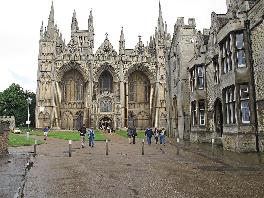 Peterborough Cathedral's west front seen from the Outer Gate across the precincts