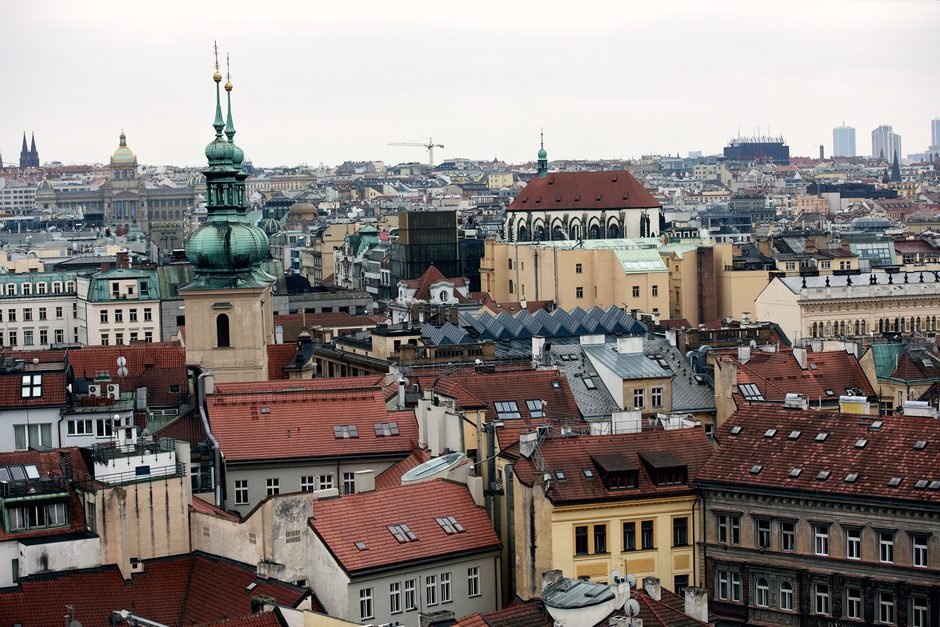 Rooftops, domes and church towers across the old centre of Prague