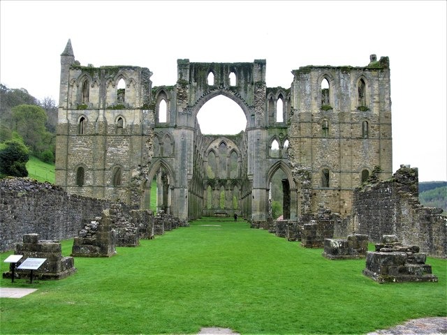 The low remains of the nave at Rievaulx Abbey, looking east to the presbytery