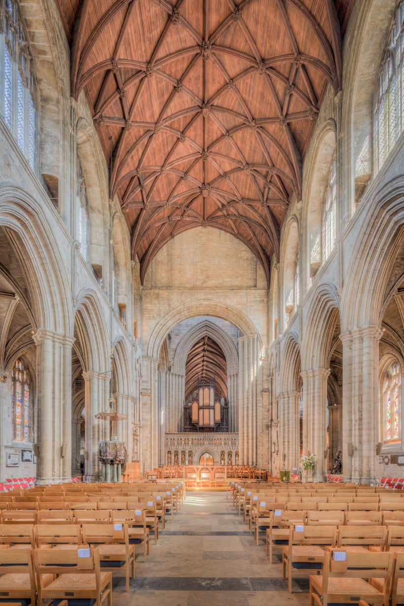 The tall nave of Ripon Cathedral with its timber vault, looking towards the organ