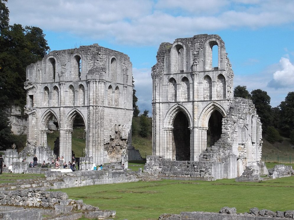 The north and south transept walls of Roche Abbey facing each other across the ruined crossing