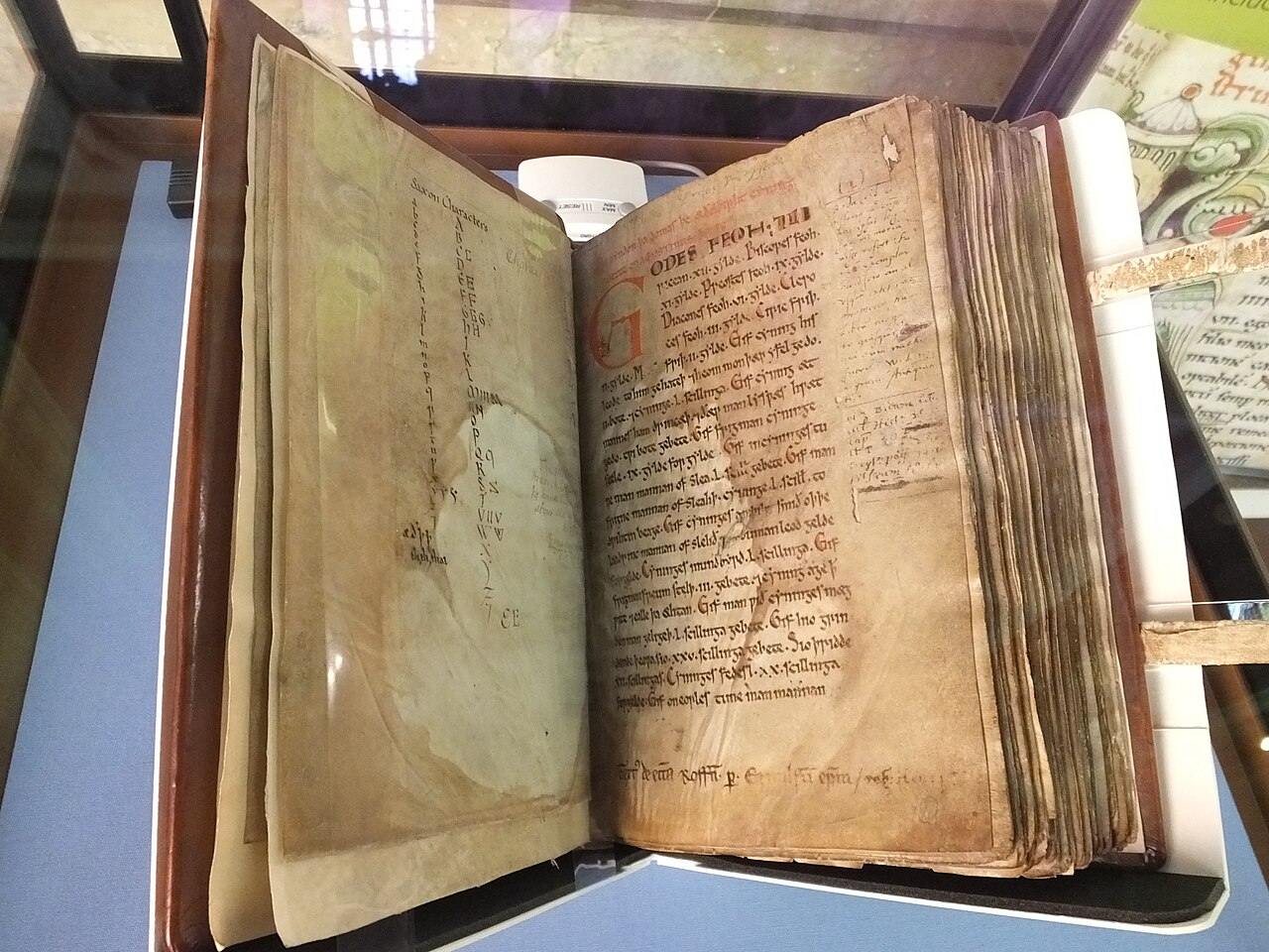The Textus Roffensis manuscript open in its display case at Rochester Cathedral