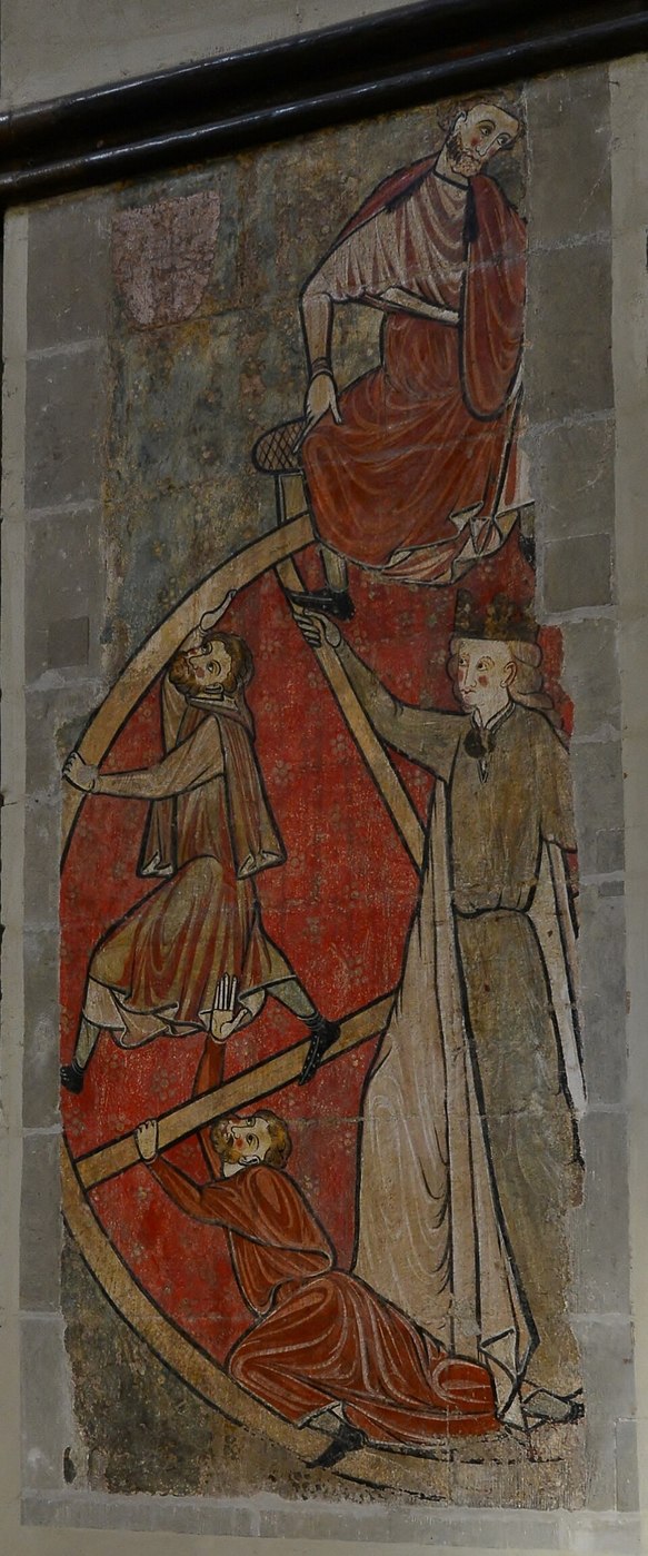 The medieval Wheel of Fortune wall painting in the quire of Rochester Cathedral