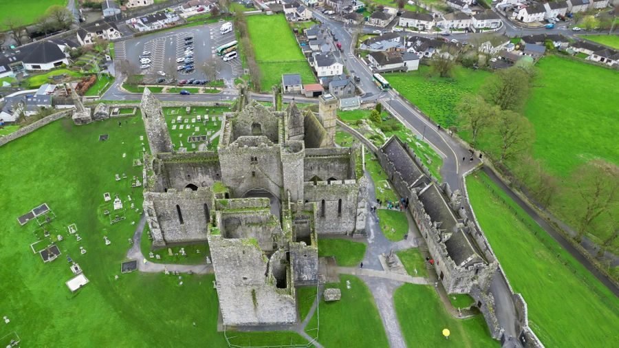 Aerial view of the Rock of Cashel and its cluster of ruined buildings