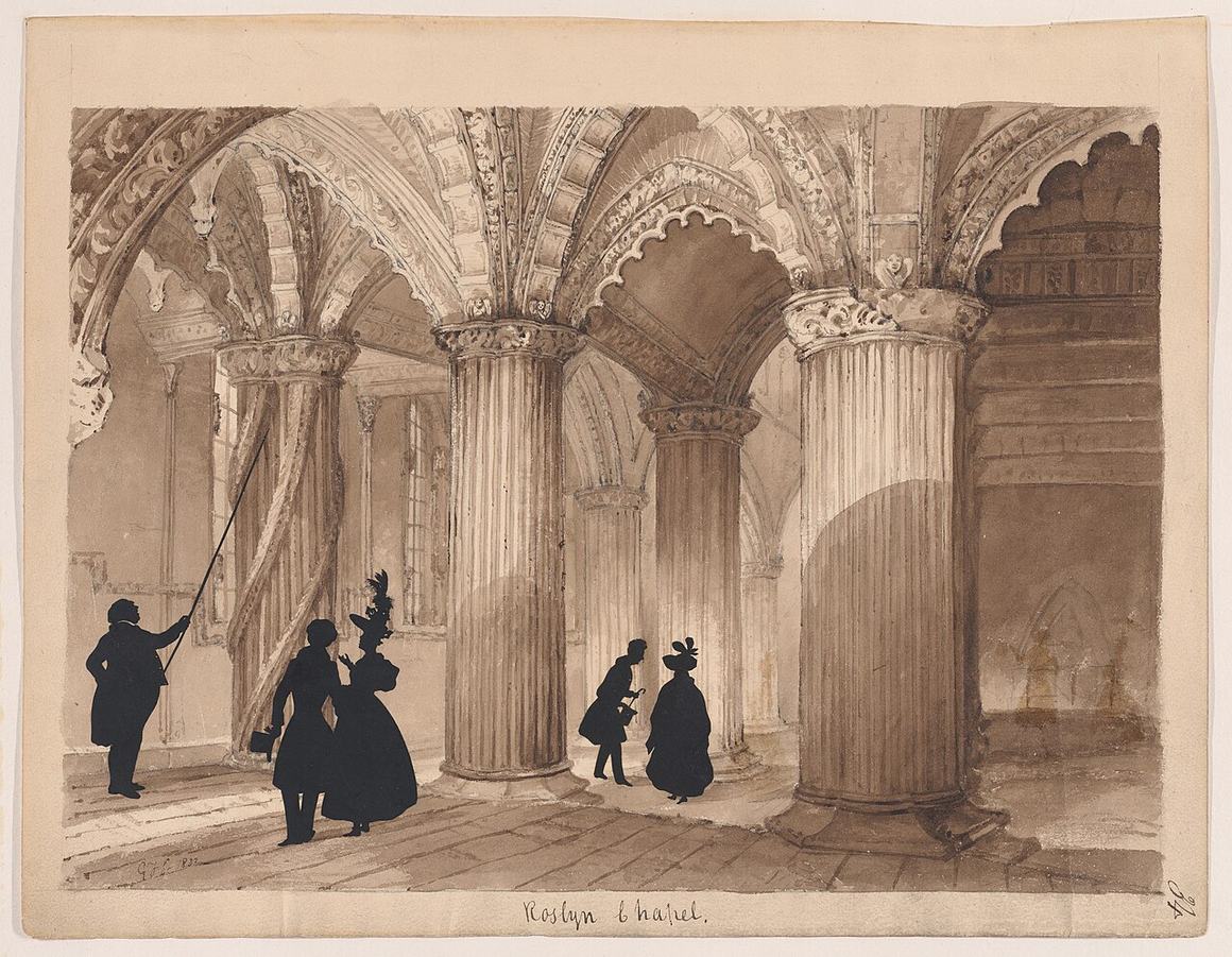 A nineteenth-century silhouette picture of visitors inside the ruined Rosslyn Chapel