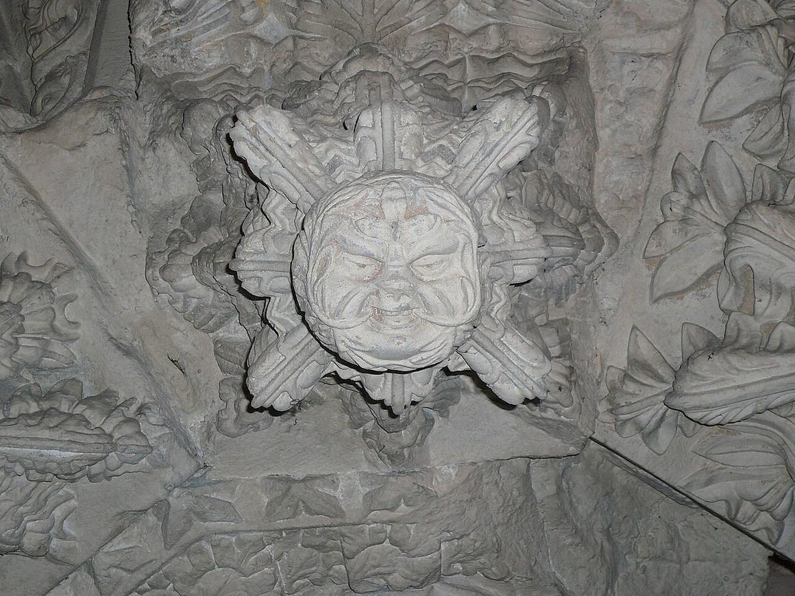 A carved stone Green Man face in Rosslyn Chapel