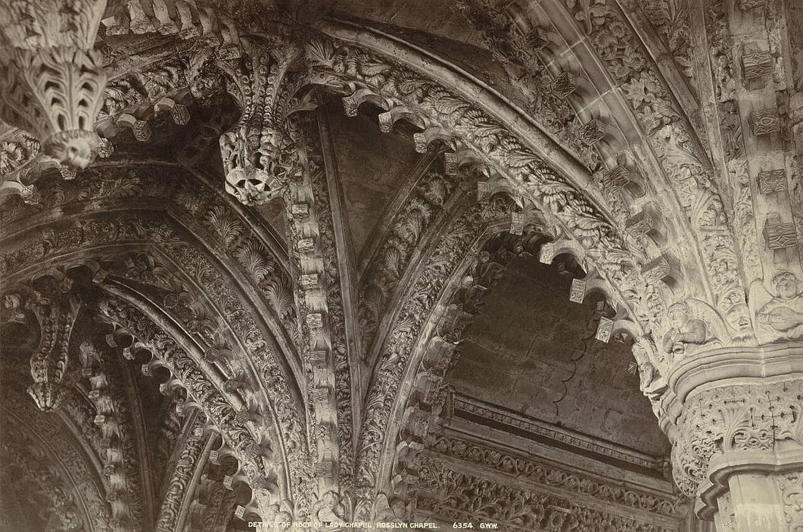 An old photograph of the pendant bosses and carved vault of the Lady Chapel at Rosslyn