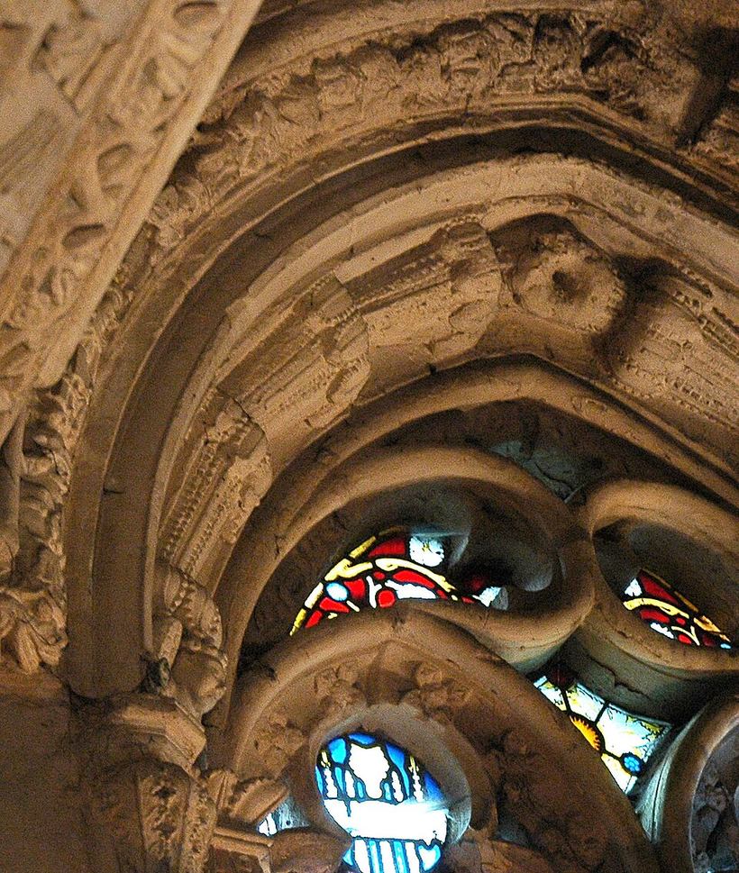 Carving round a window arch in Rosslyn Chapel said to represent maize