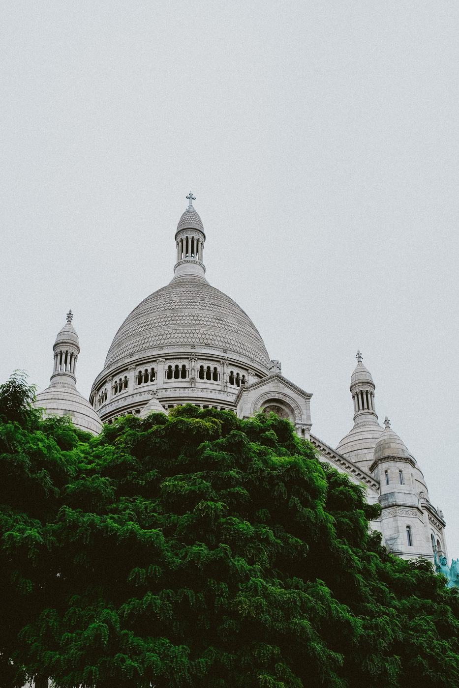 The main dome of Sacré-Cœur rising above green trees