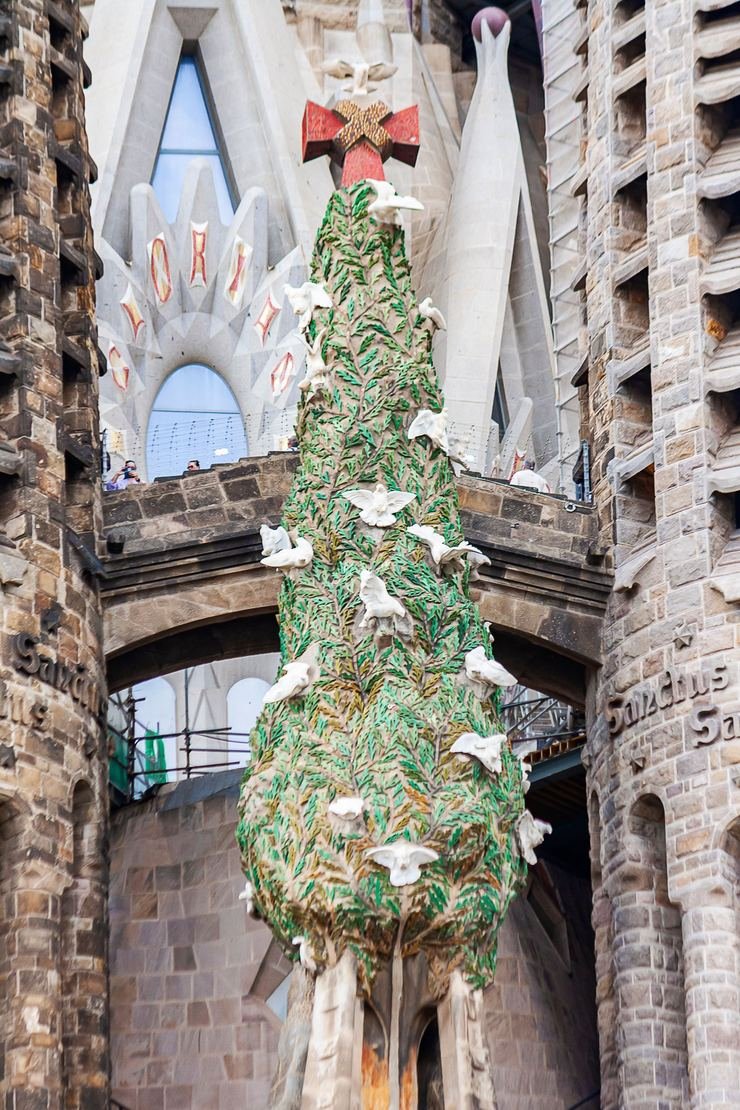 Carved figures and foliage on the Nativity facade of the Sagrada Familia