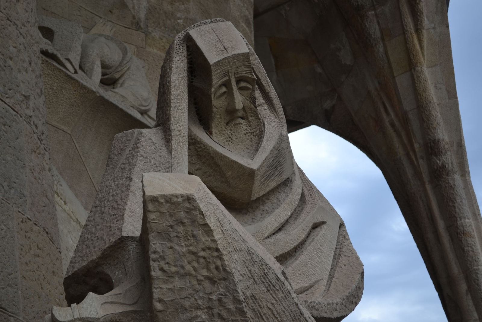 Angular stone sculpture by Subirachs on the Passion facade of the Sagrada Familia