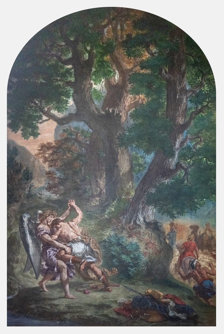 Delacroix's mural of Jacob wrestling with the angel beneath great trees, in the Chapel of the Holy Angels