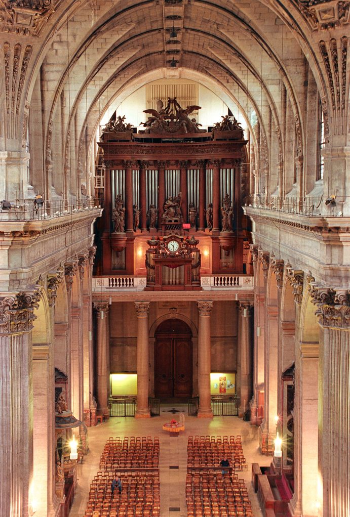 Looking down the nave of Saint-Sulpice towards the great organ case above the west door