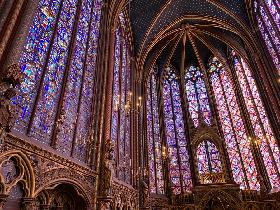 The upper chapel of the Sainte-Chapelle in Paris, walled almost entirely in stained glass
