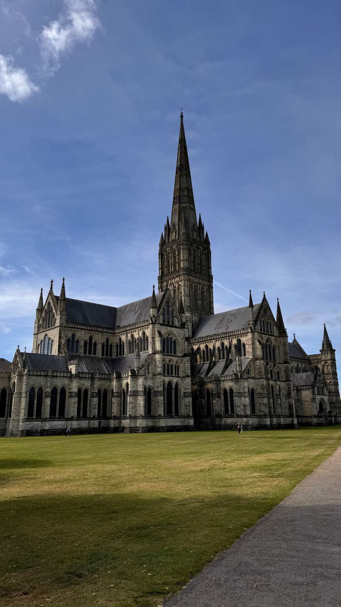 Salisbury Cathedral's 404-foot spire, leaning slightly off true above the Close