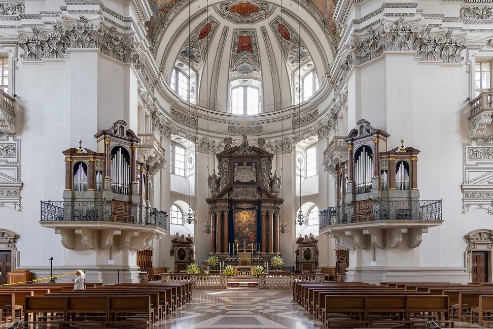 The crossing of Salzburg Cathedral with the high altar and galleries of organs on the piers around it