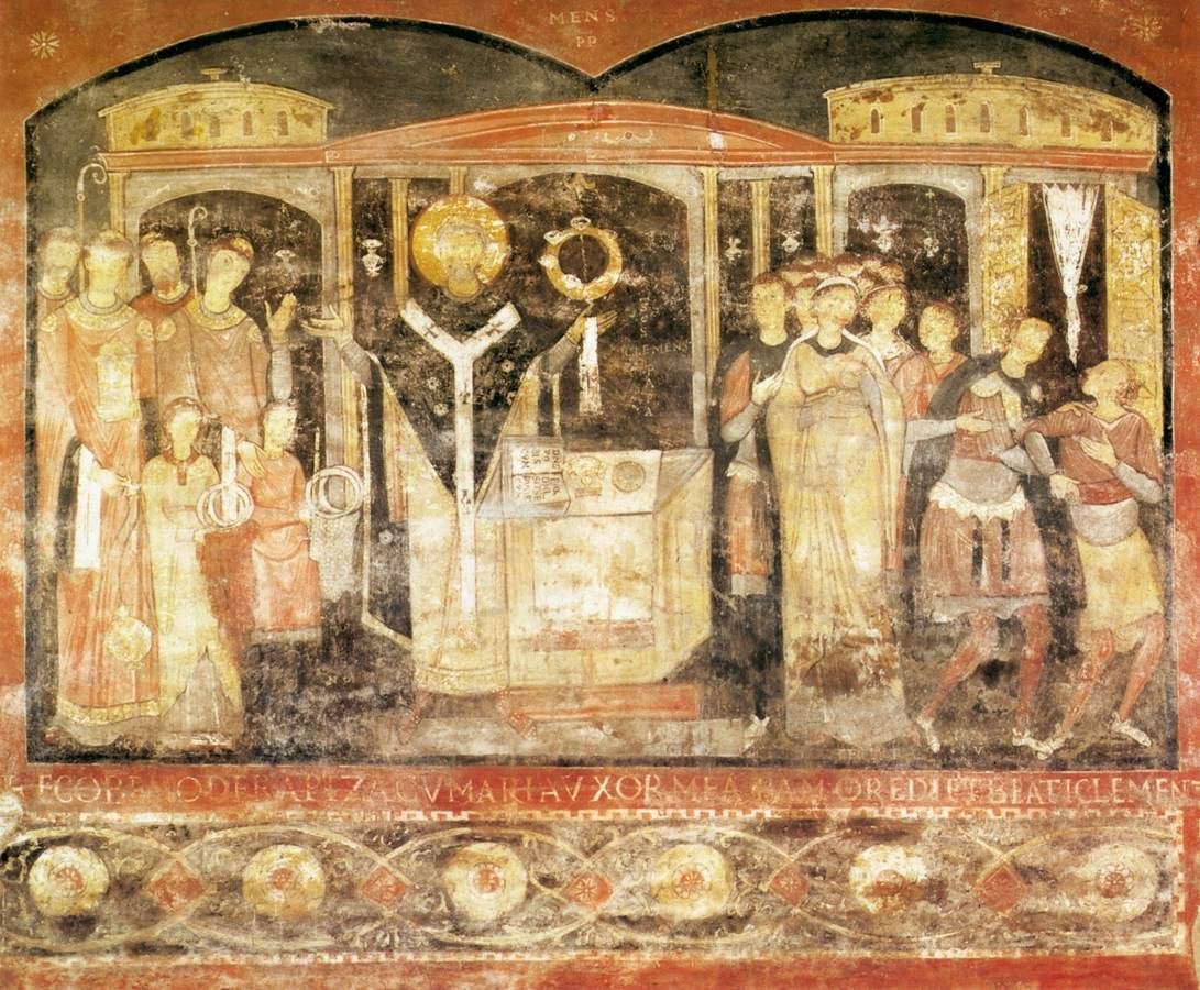 11th-century fresco of St Clement celebrating Mass, lower basilica of San Clemente