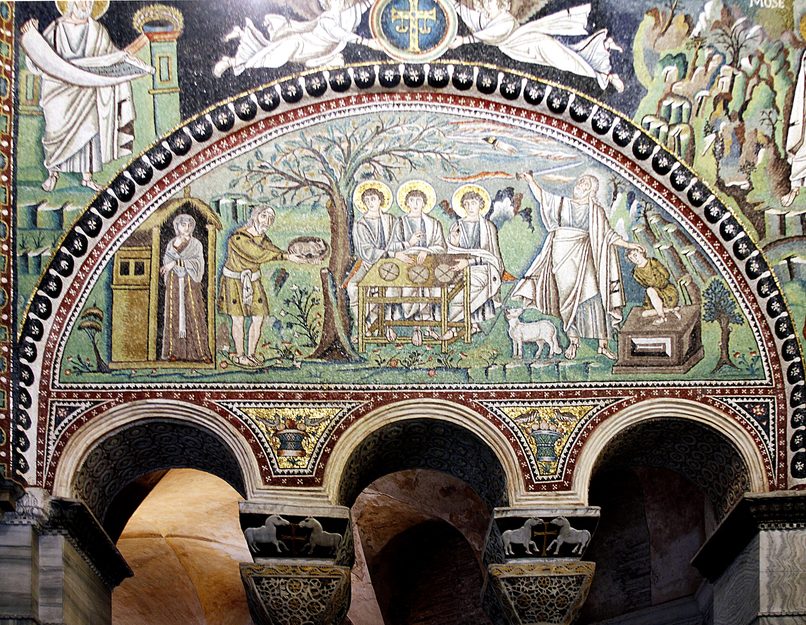 Mosaic lunette in San Vitale showing Abraham welcoming three angels and about to sacrifice Isaac