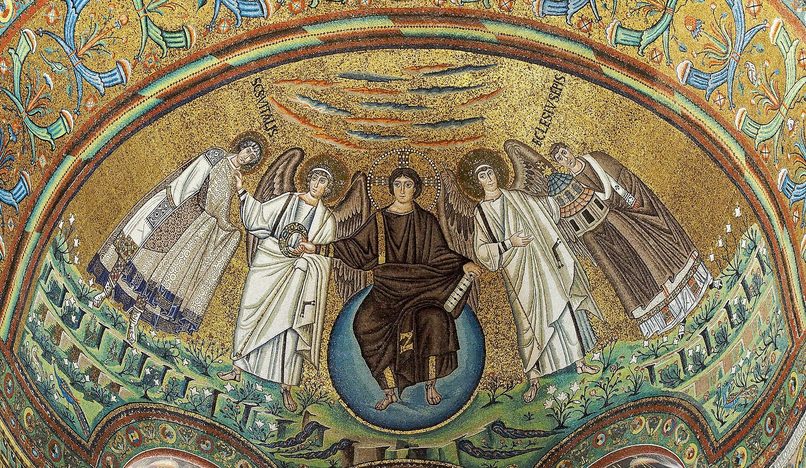 The apse mosaic of San Vitale: a young Christ seated on a blue globe between angels, St Vitalis and Bishop Ecclesius