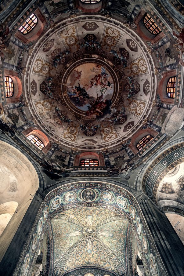 The Baroque painted dome of San Vitale in Ravenna seen from below