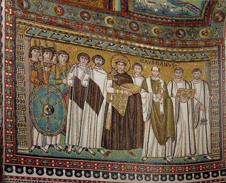 The mosaic of the Emperor Justinian with Archbishop Maximian, clergy, officials and soldiers in San Vitale