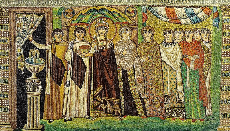 The mosaic of the Empress Theodora with her attendants, wearing a jewelled crown and purple robe, in San Vitale