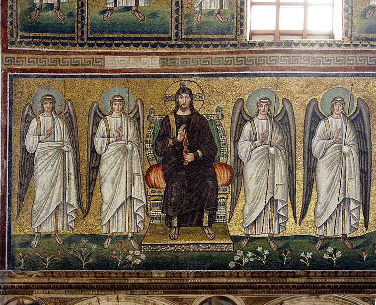 Mosaic of Christ enthroned with four angels in white, against a gold background, at the east end of the south wall