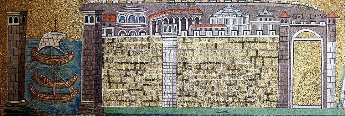 Mosaic of the walled town and harbour of Classe, with ships on the water between two towers