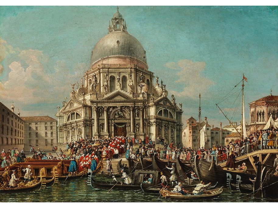 A 19th-century painting of the Festa della Salute, with crowds and boats in front of the basilica