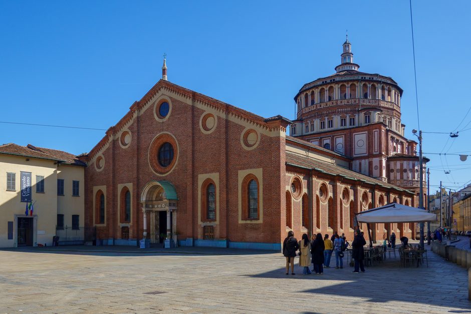 The brick church of Santa Maria delle Grazie in Milan with its domed tribune