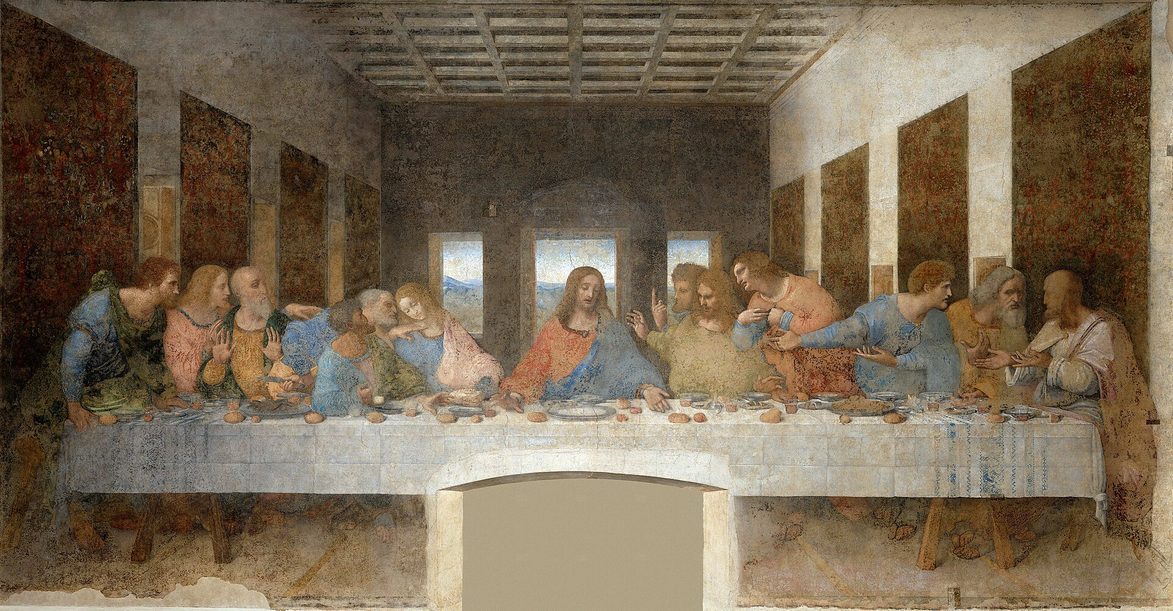 Leonardo da Vinci's Last Supper, showing Christ at the centre of a long table with the twelve apostles