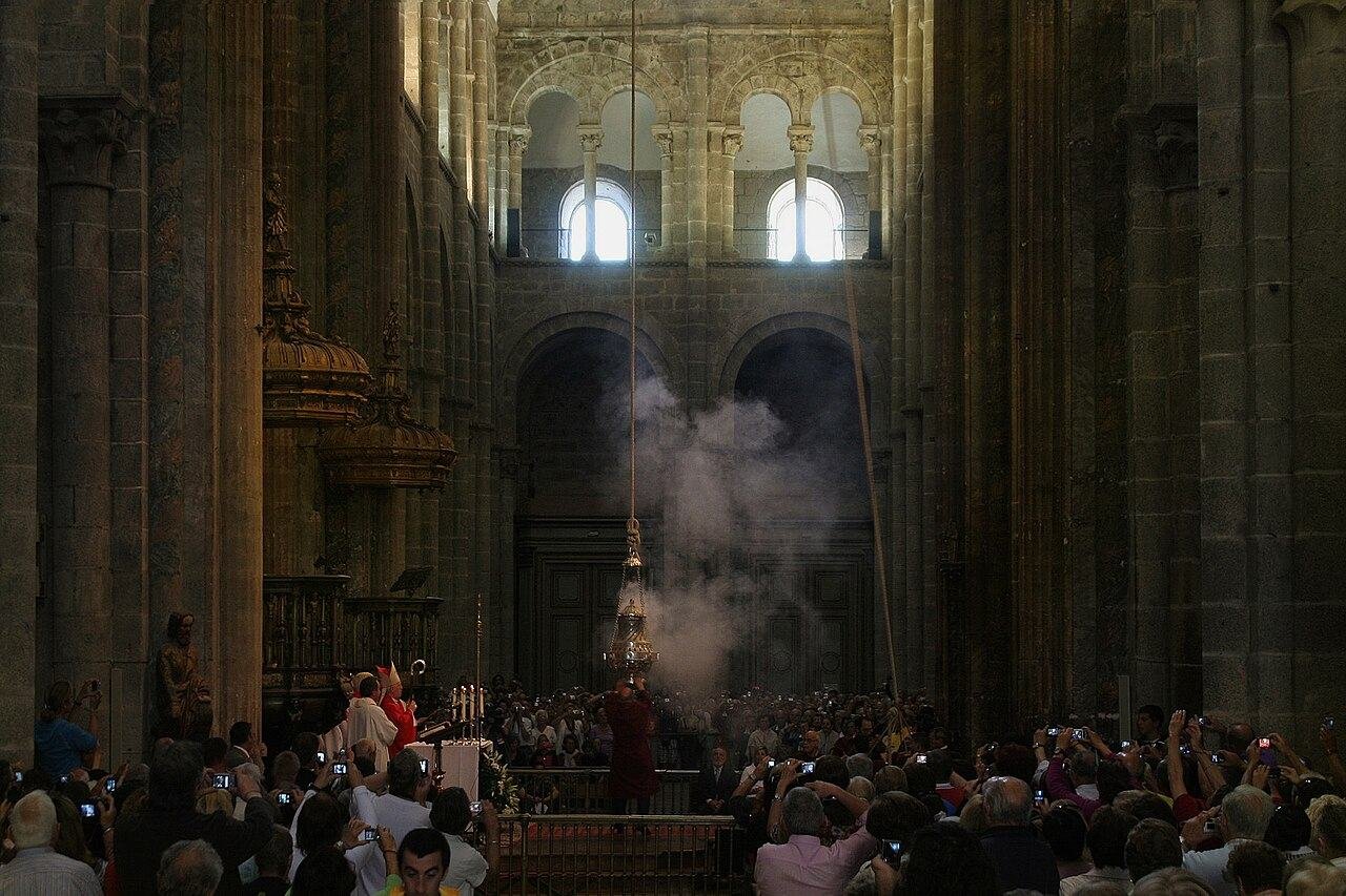 The Botafumeiro censer swinging across the transept of Santiago de Compostela Cathedral