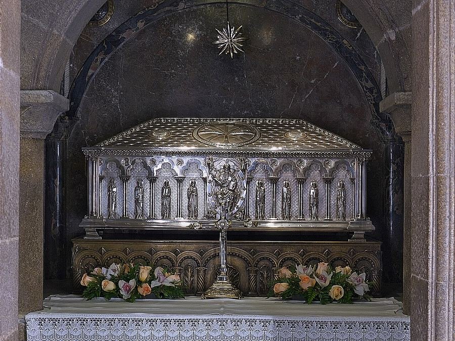 The silver casket in the crypt beneath the high altar of Santiago de Compostela Cathedral