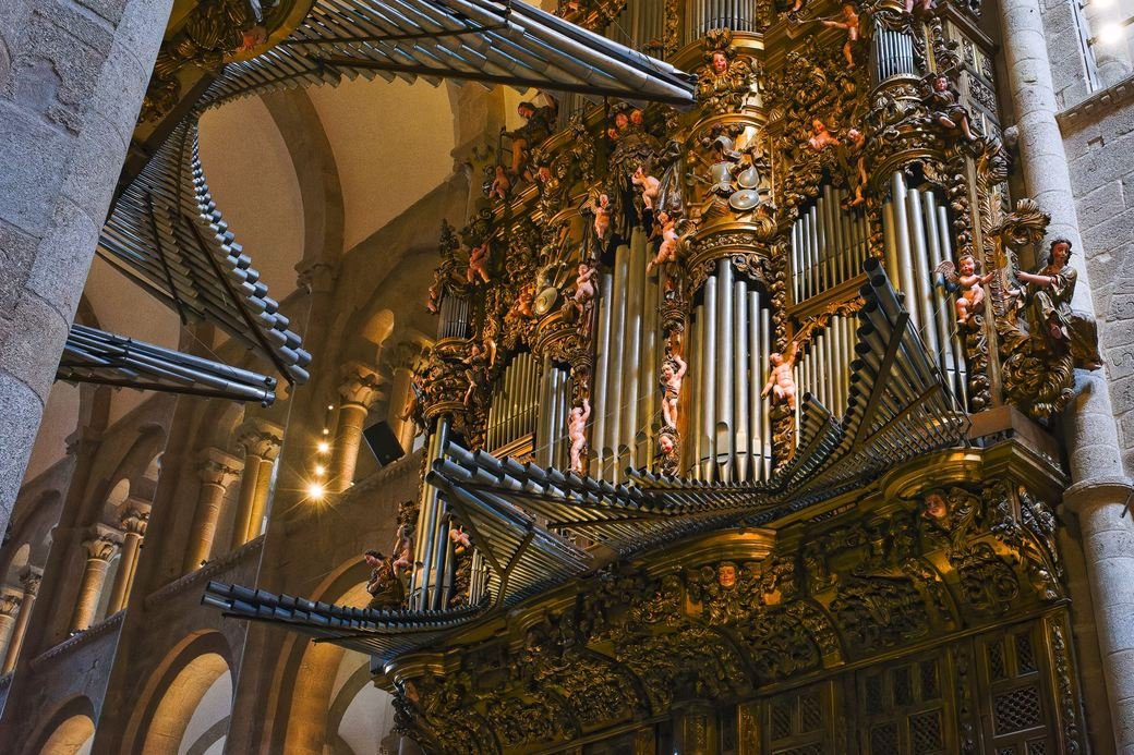 The Baroque organ case above the Romanesque arcades of Santiago de Compostela Cathedral