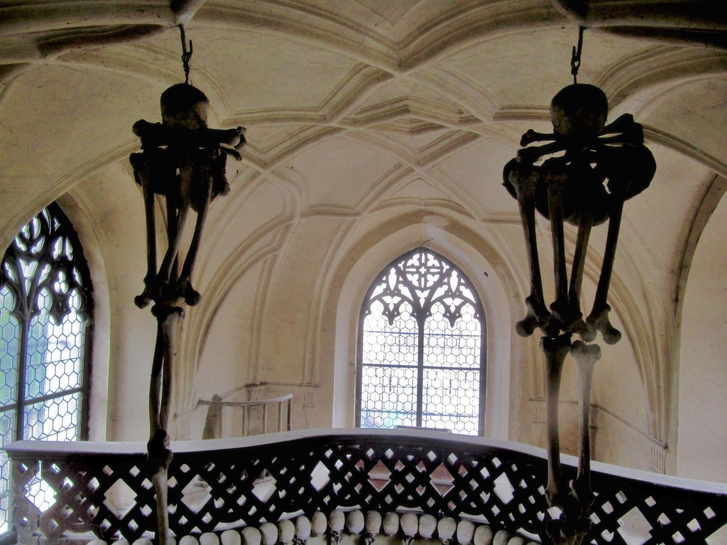 Hanging candelabra made of bones in the Sedlec Ossuary