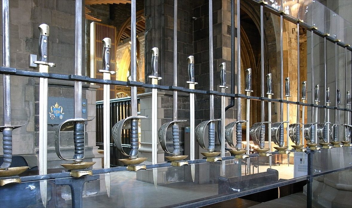 The screen of St George's Chapel in Sheffield Cathedral, made of rows of swords and bayonets