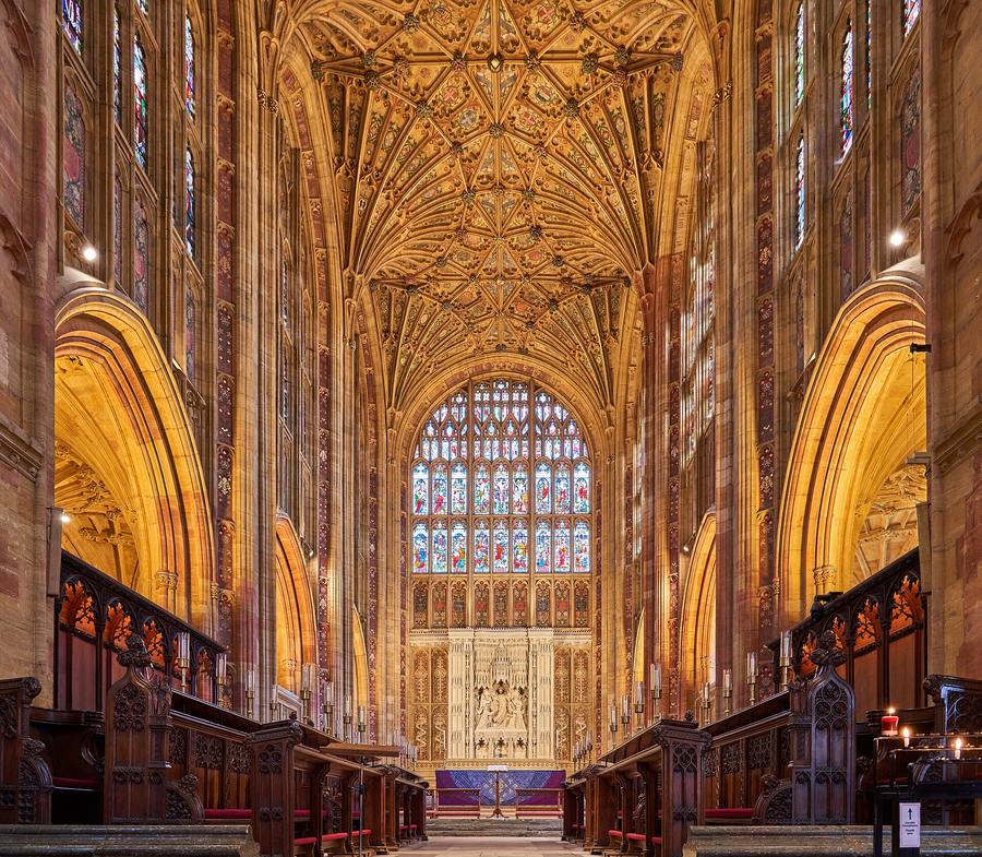 The choir of Sherborne Abbey with its fan vault and tall east window